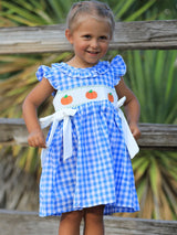 Three Little Tots Fall Thanksgivingand Halloween Blue Pumpkin Smock Embroidery Baby Girl Dress
