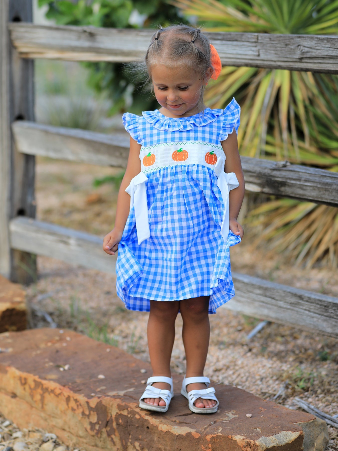 Three Little Tots Fall Thanksgivingand Halloween Blue Pumpkin Smock Embroidery Baby Girl Dress, alternate angle