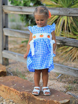 Three Little Tots Fall Thanksgivingand Halloween Blue Pumpkin Smock Embroidery Baby Girl Dress, alternate angle