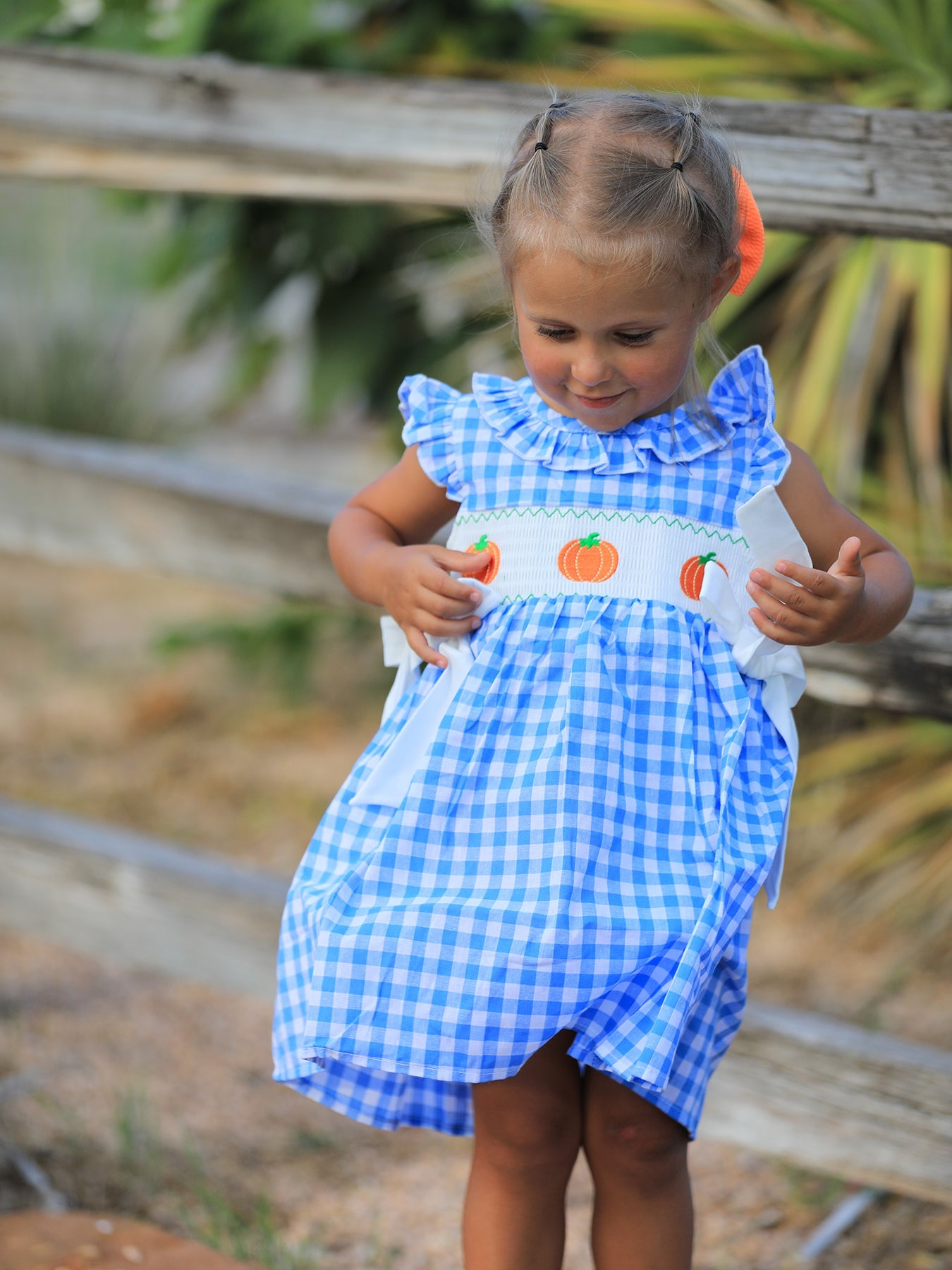Three Little Tots Fall Thanksgivingand Halloween Blue Pumpkin Smock Embroidery Baby Girl Dress, additional view