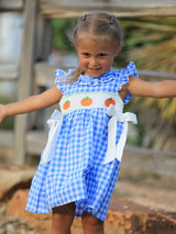 Three Little Tots Fall Thanksgivingand Halloween Blue Pumpkin Smock Embroidery Baby Girl Dress, extra product detail
