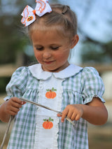 Three Little Tots Fall Halloween and Thanksgiving Pumpkin Applique Plaid Green Girls Dress, additional product photo