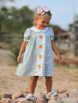 Three Little Tots Fall Halloween and Thanksgiving Pumpkin Applique Plaid Green Girls Dress