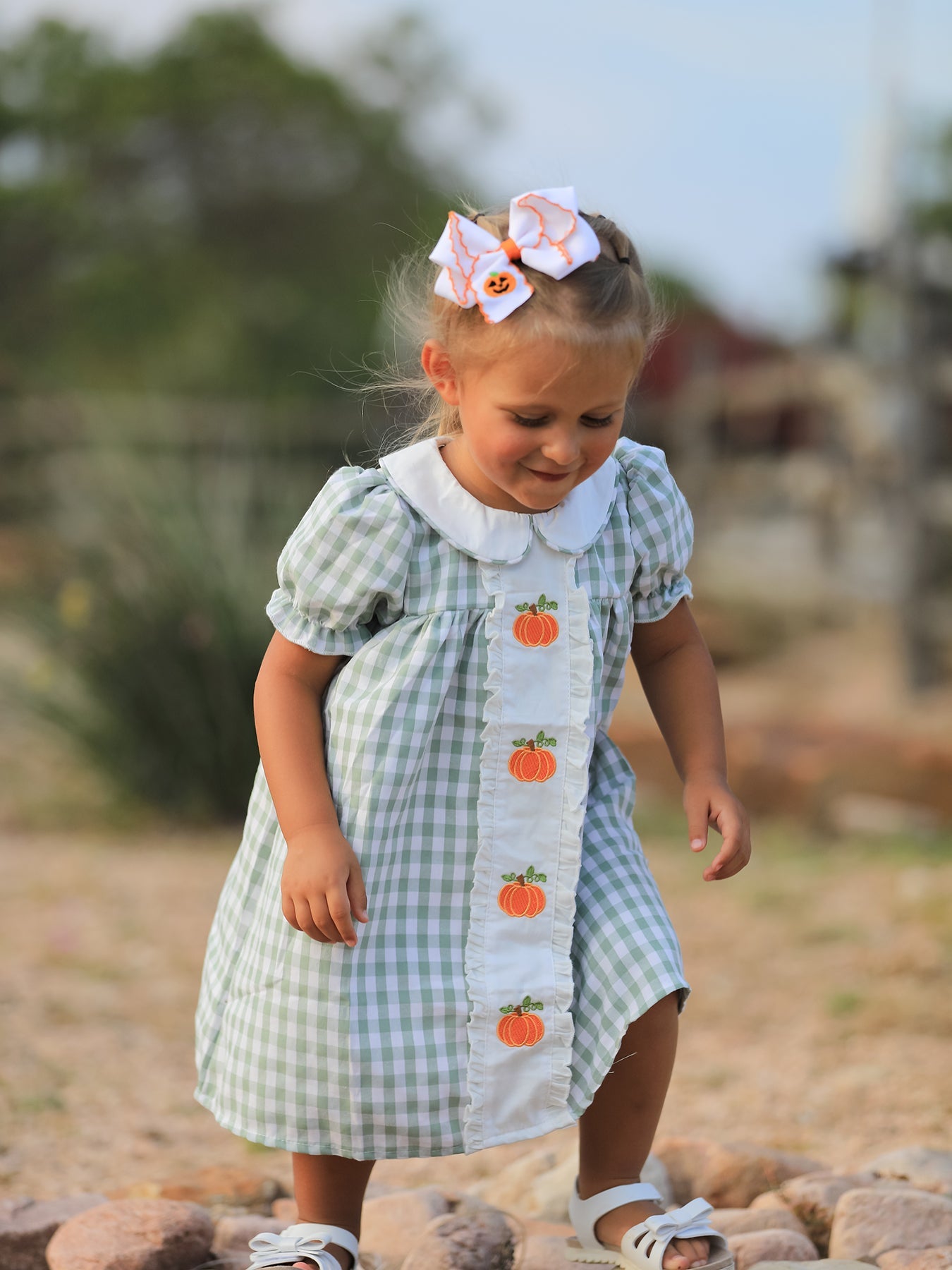 Three Little Tots Fall Halloween and Thanksgiving Pumpkin Applique Plaid Green Girls Dress, alternate angle