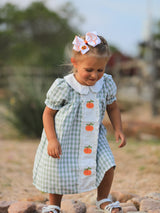 Three Little Tots Fall Halloween and Thanksgiving Pumpkin Applique Plaid Green Girls Dress, alternate angle