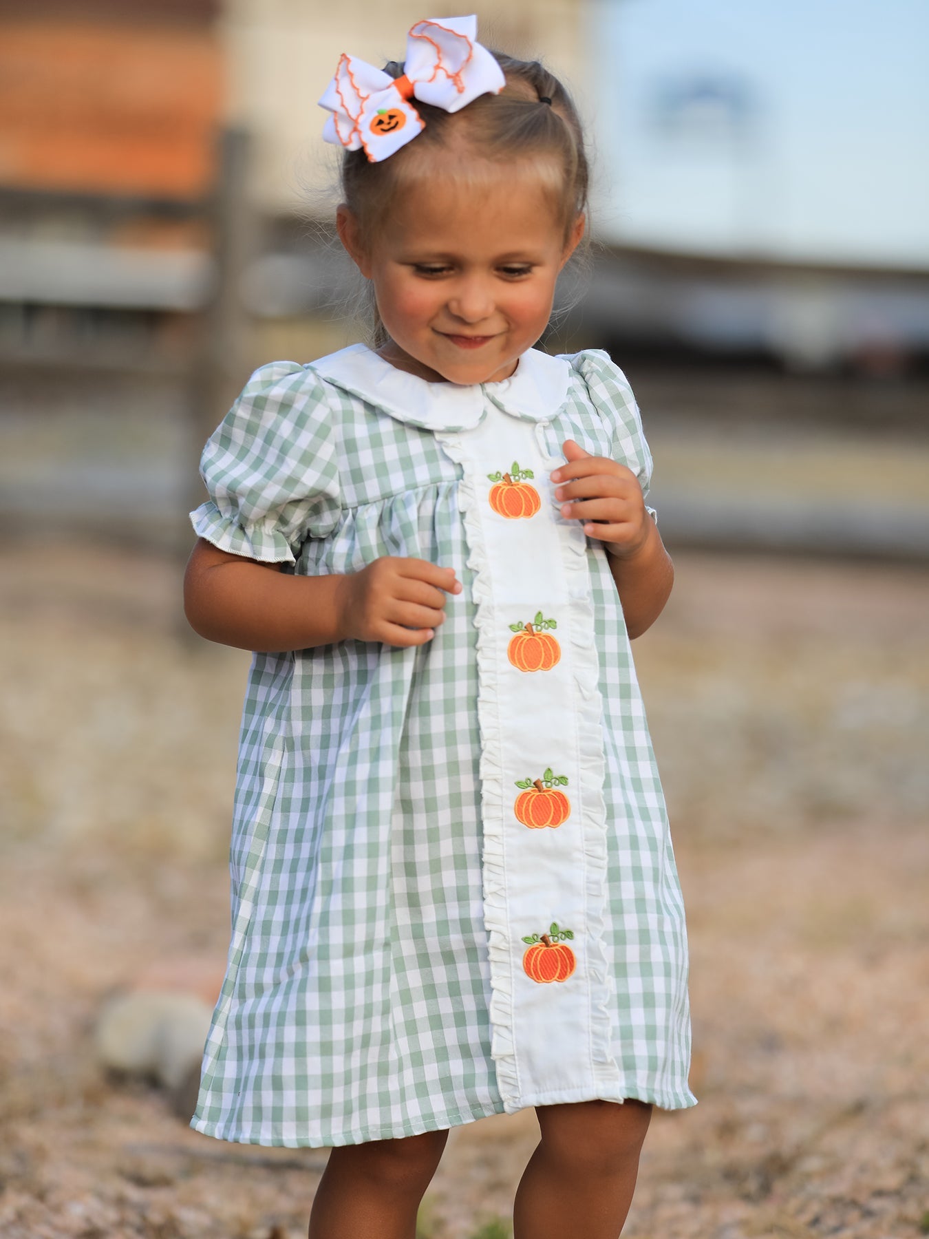 Three Little Tots Fall Halloween and Thanksgiving Pumpkin Applique Plaid Green Girls Dress, extra product detail