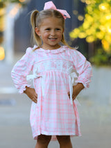 Fall Pink Plaid Ruffle Ballet Shoe Embroidery Long Sleeve Dress