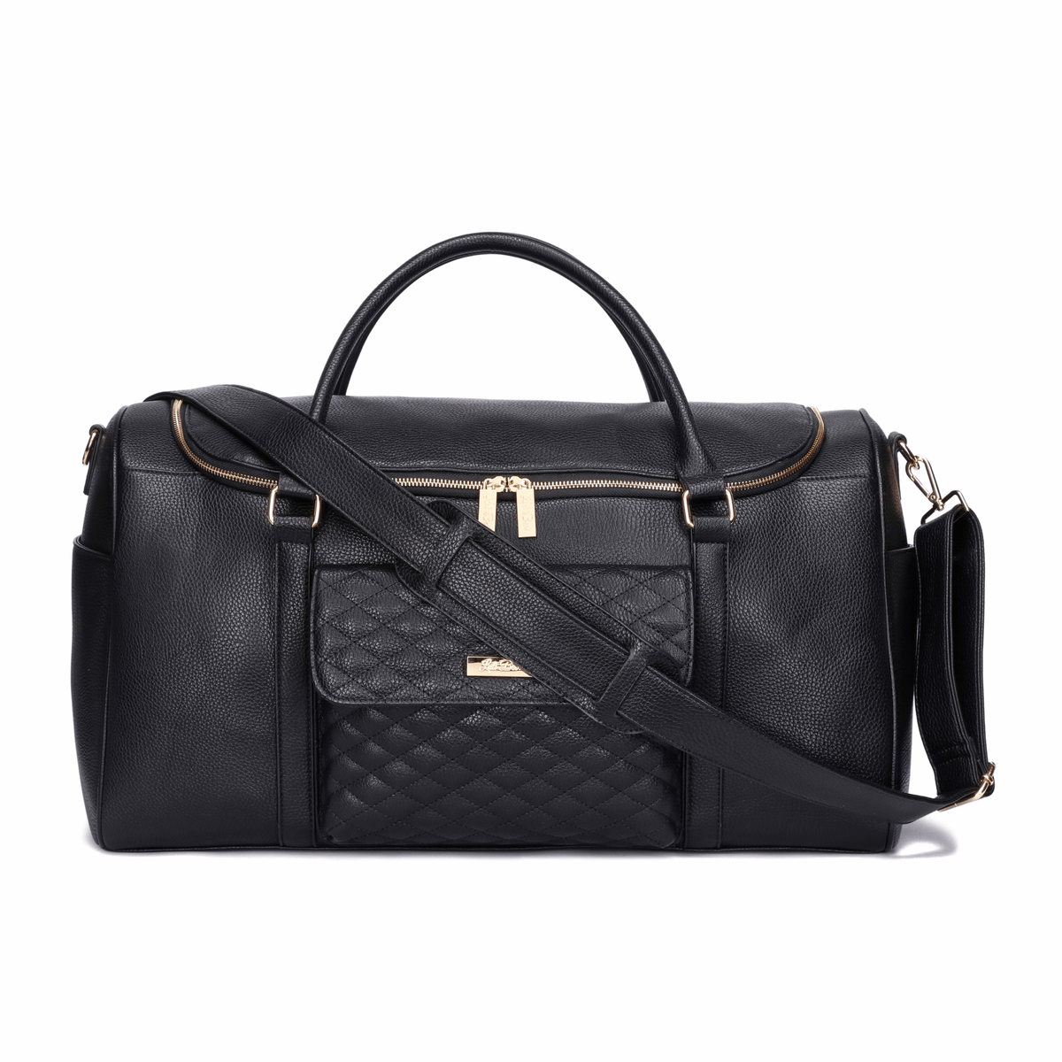Three Little Tots Weekender Travel Bag Ebony Black, attached to a car seat or stroller