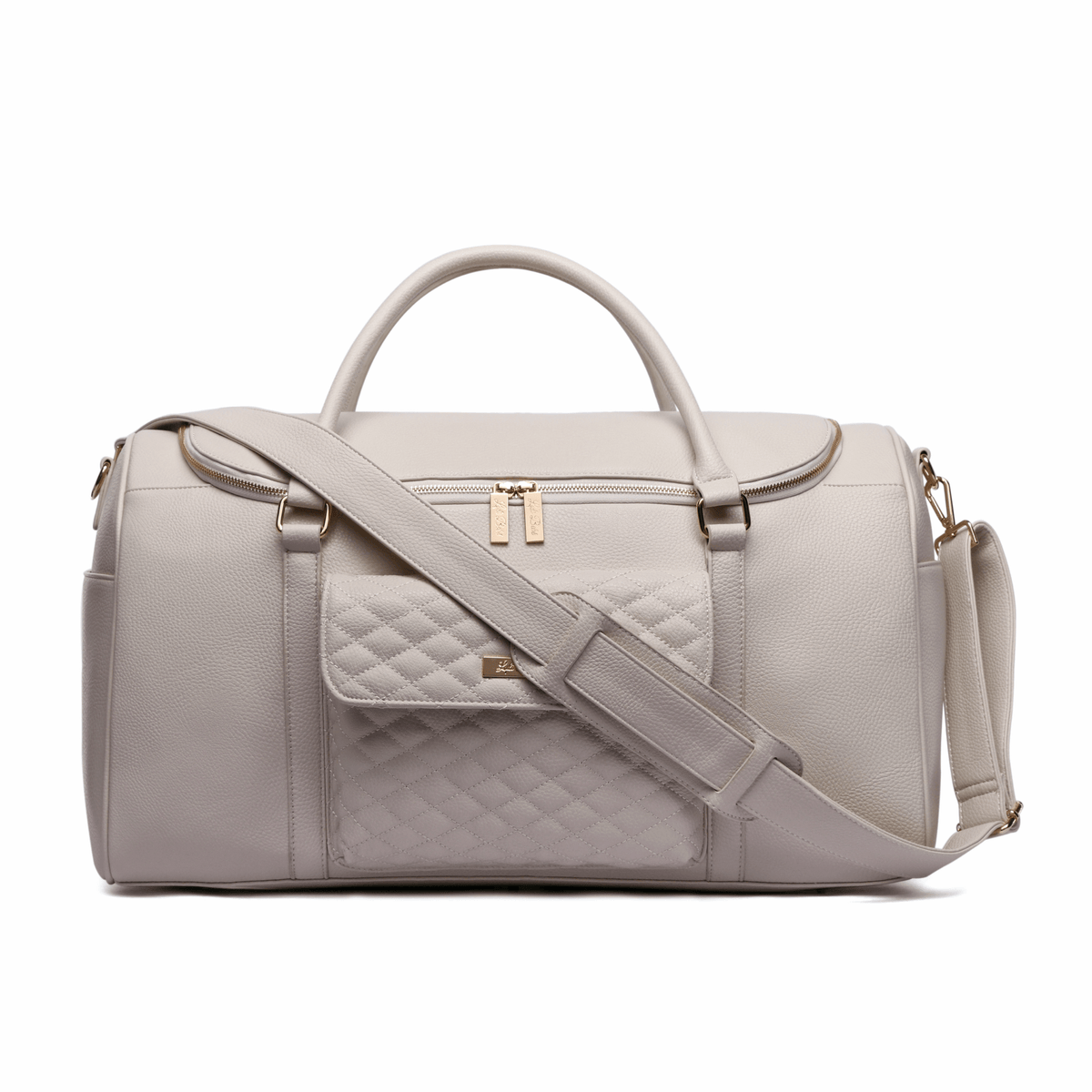 Three Little Tots Weekender Travel Bag Pearl White, attached to a car seat or stroller
