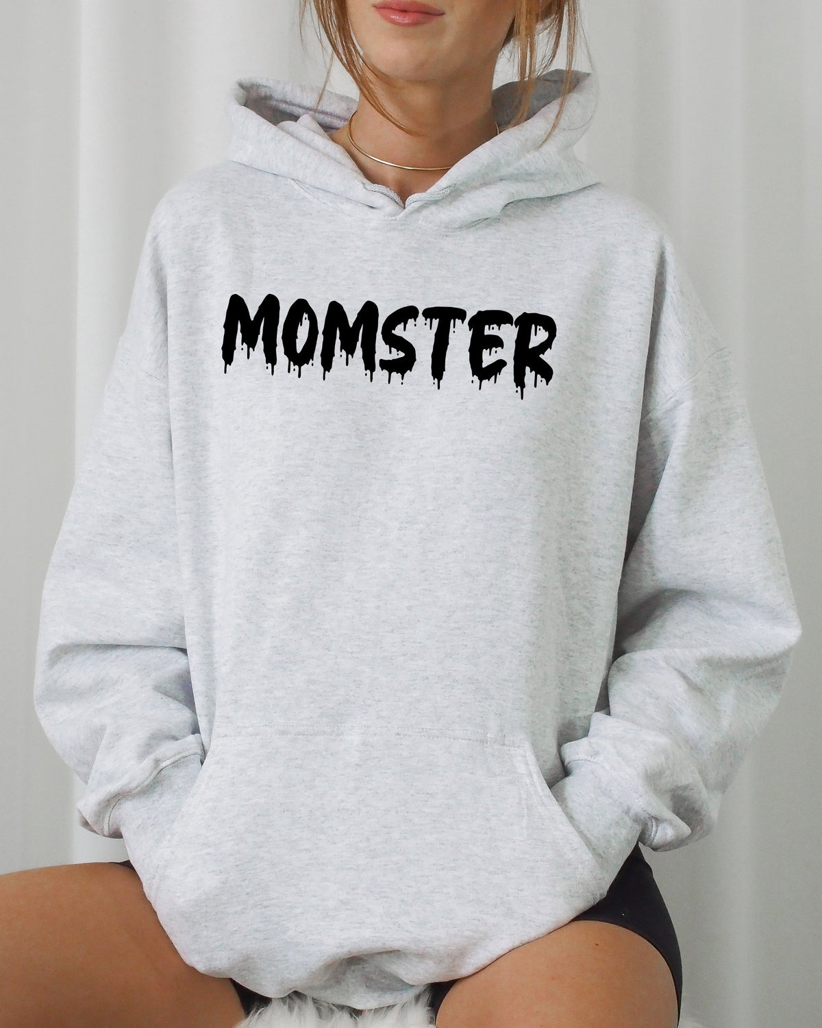 Three Little Tots Momster Skeleton Ghost Witch Skull Aesthetic Meme Halloween Costume Hoodie Hooded Sweatshirt, in Ash Gray