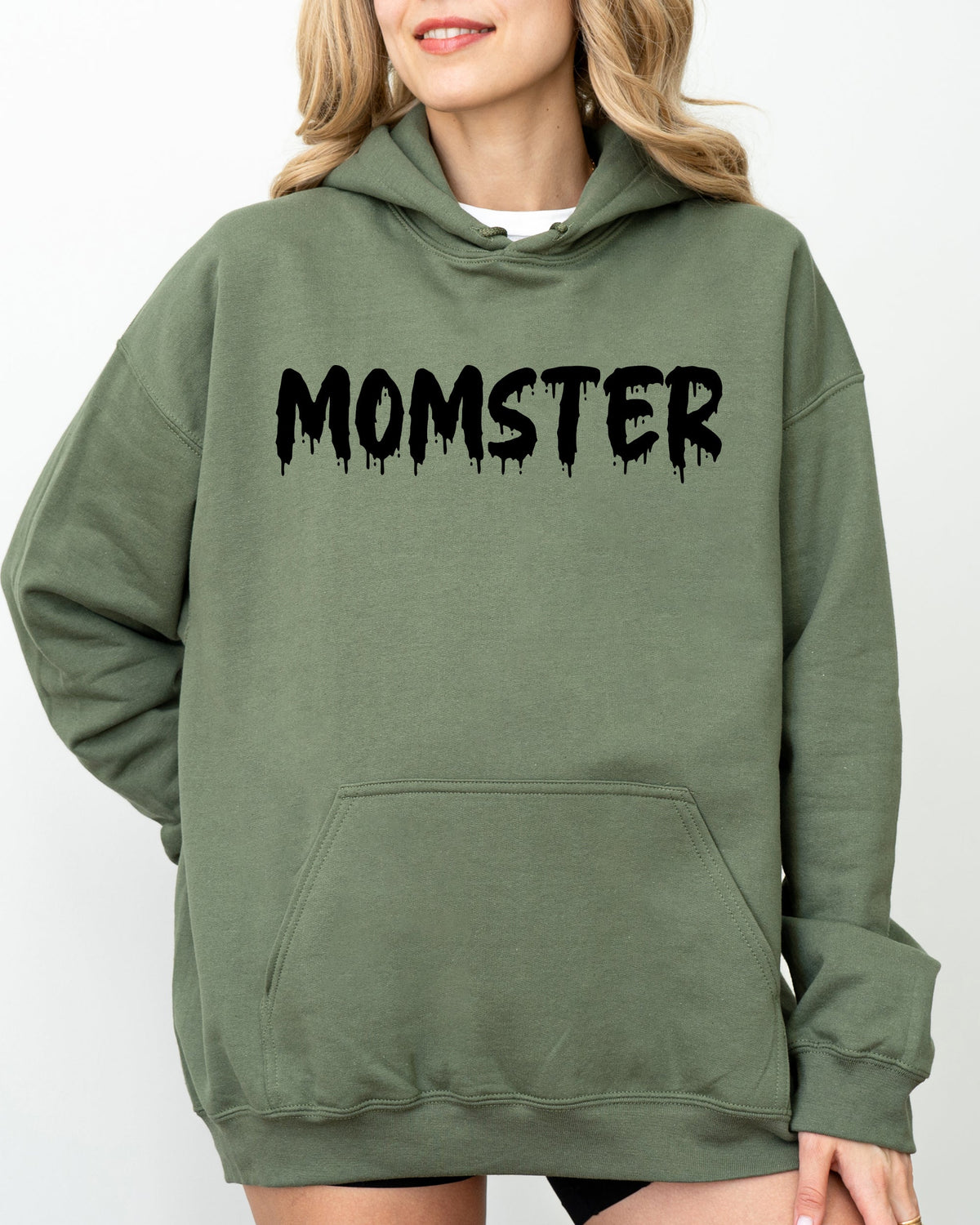 Three Little Tots Momster Skeleton Ghost Witch Skull Aesthetic Meme Halloween Costume Hoodie Hooded , in Military Green