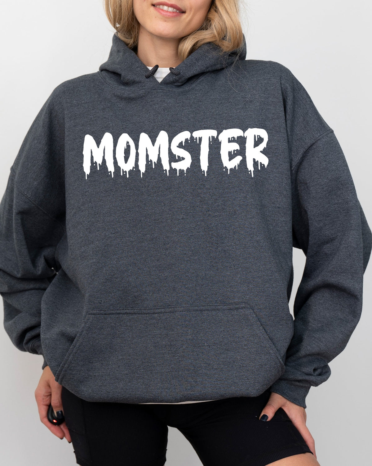 Three Little Tots Momster Skeleton Ghost Witch Skull Aesthetic Meme Halloween Costume Hoodie Hooded , in Dark Heather Gray
