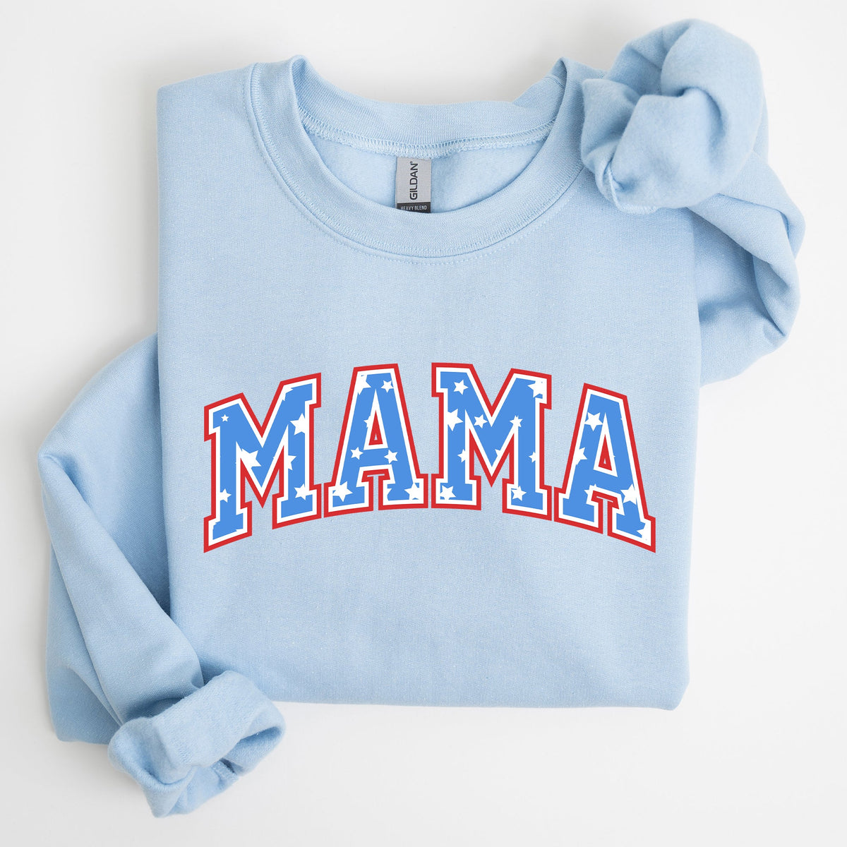 Three Little Tots Patriotic Mama Stars and Stripes 4th of July Sweatshirt, in Light Blue