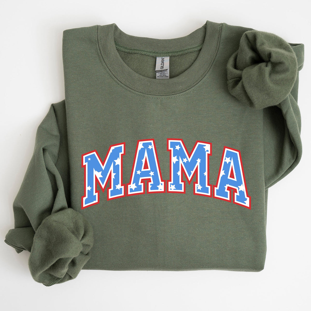 Three Little Tots Patriotic Mama Stars and Stripes 4th of July Sweatshirt, in Military Green