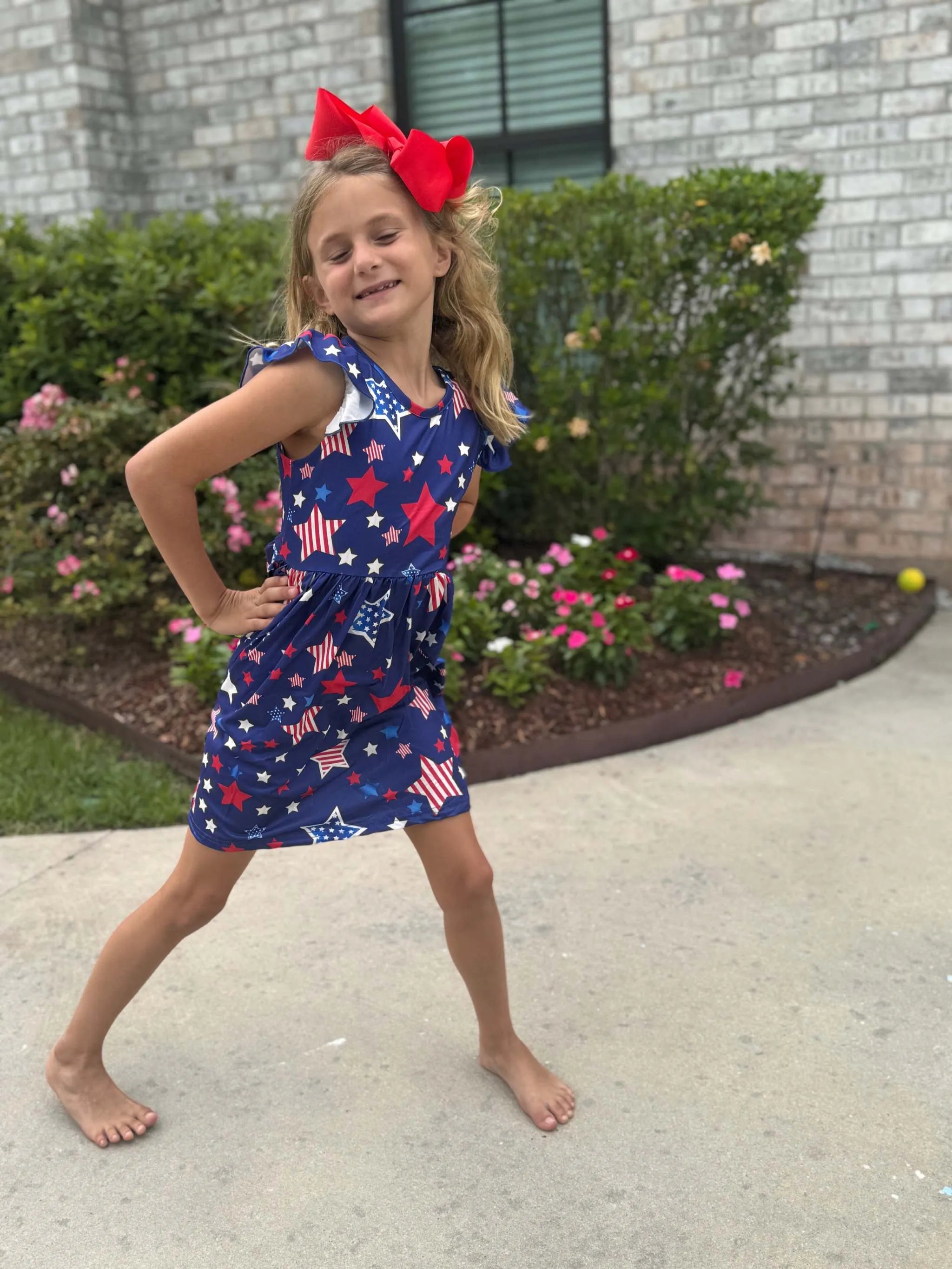 Three Little Tots Patriotic Girls Dress with Star Graphics and Ruffle Sleeves