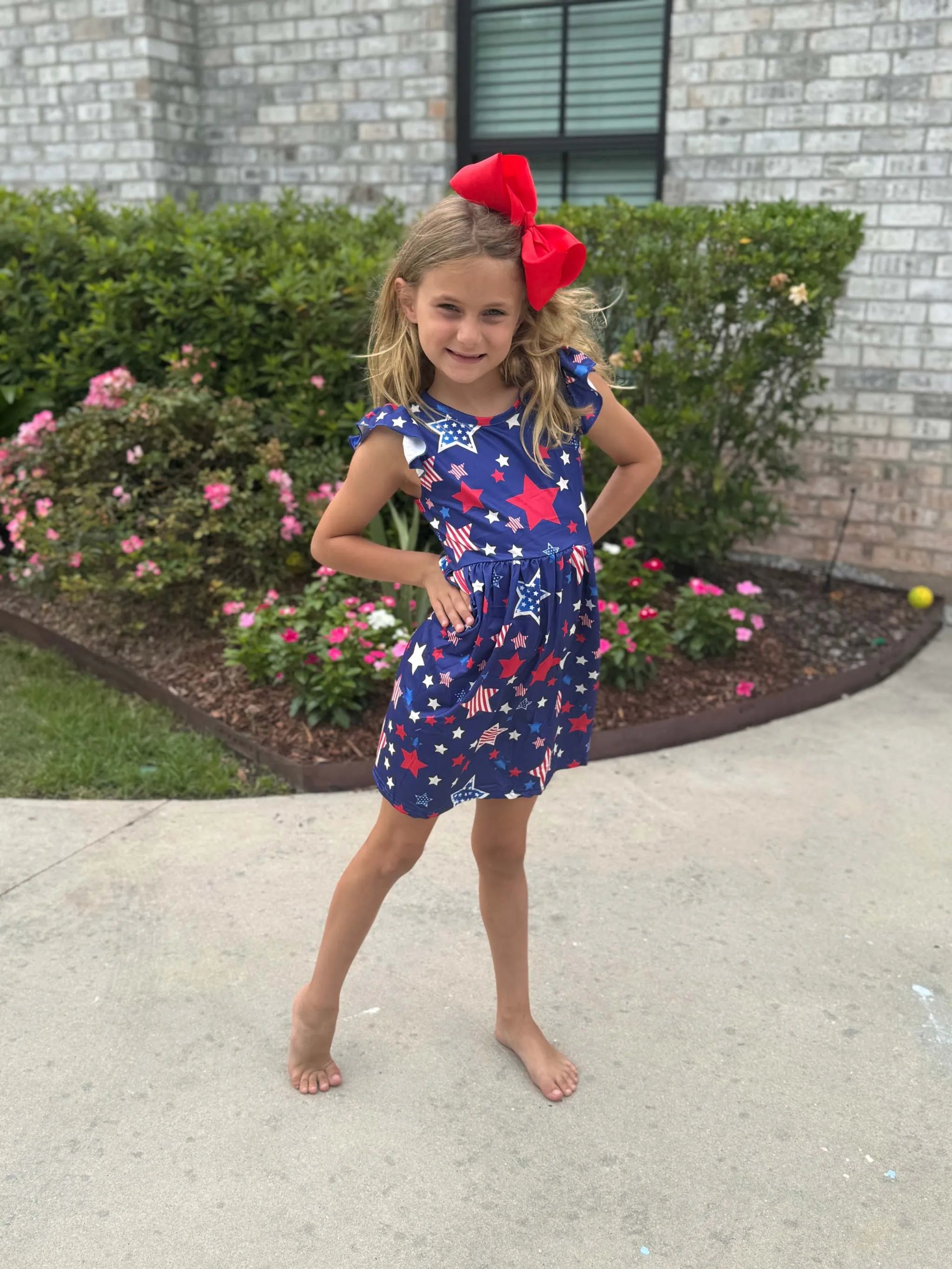 Three Little Tots Patriotic Girls Dress with Star Graphics and Ruffle Sleeves, additional product photo
