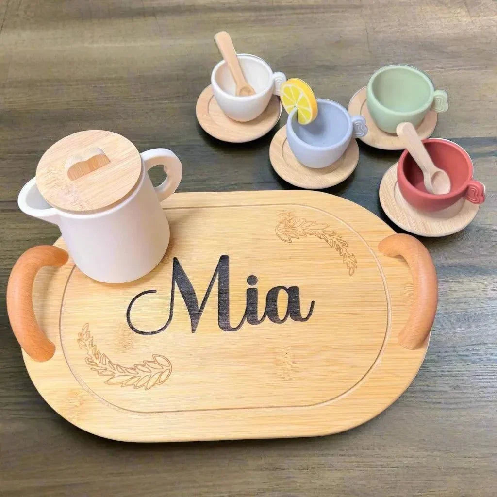 Three Little Tots Personalized Kids' Wooden Tea Set 14-Piece Pretend Play Set with Engraved Bamboo Tray Montessori-Inspired T