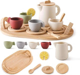 Three Little Tots Personalized Kids' Wooden Tea Set 14-Piece Pretend Play Set with Engraved Bamboo T, alternate angle