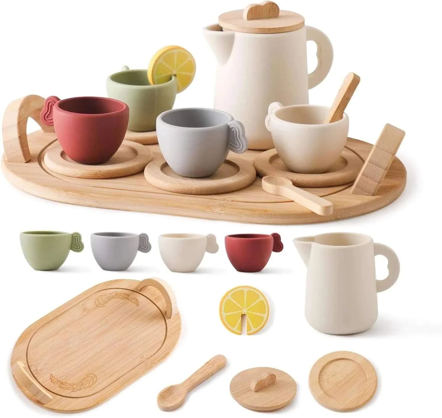 Three Little Tots Personalized Kids' Wooden Tea Set 14-Piece Pretend Play Set with Engraved Bamboo T, alternate angle
