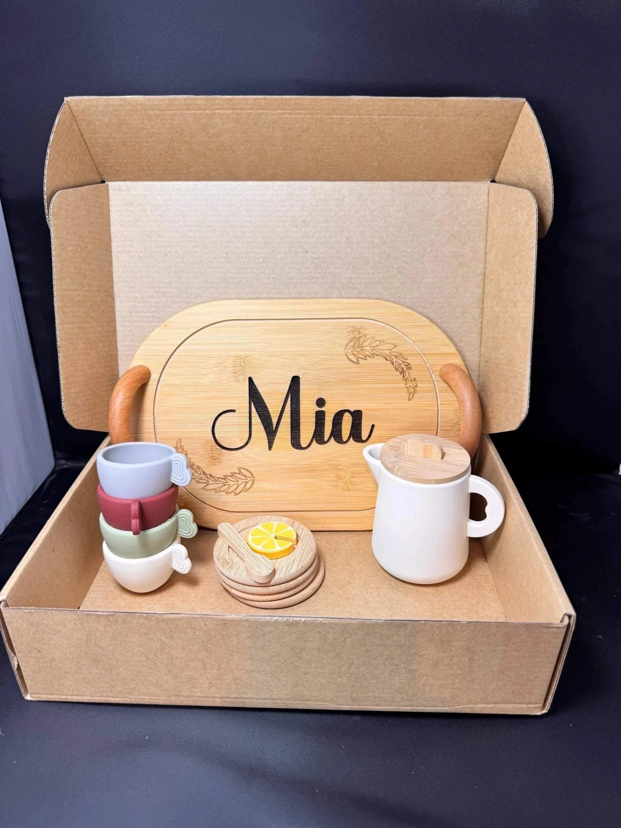 Three Little Tots Personalized Kids' Wooden Tea Set 14-Piece Pretend Play Set with Engraved Bamboo T, another angle