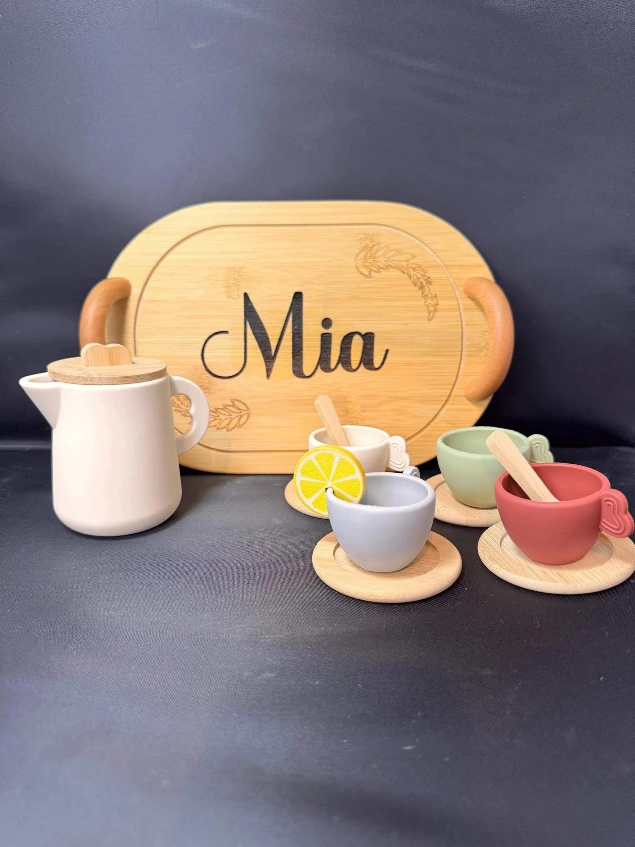 Three Little Tots Personalized Kids' Wooden Tea Set 14-Piece Pretend Play Set with Engraved Bamboo T, supplementary photo