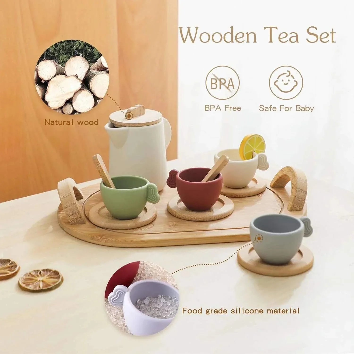 Three Little Tots Personalized Kids' Wooden Tea Set 14-Piece Pretend Play Set with Engraved Bamboo T, additional view