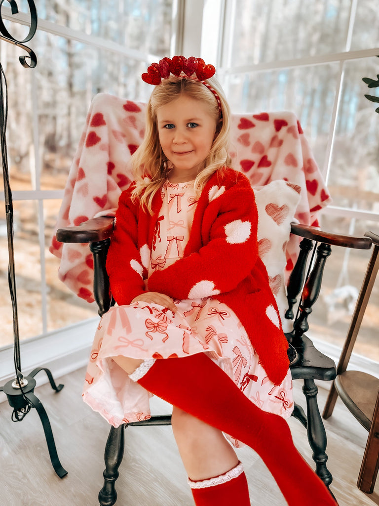 Valentine’s Day Girls Red Heart Pattern Fuzzy Knit Cardigan with Front Pockets