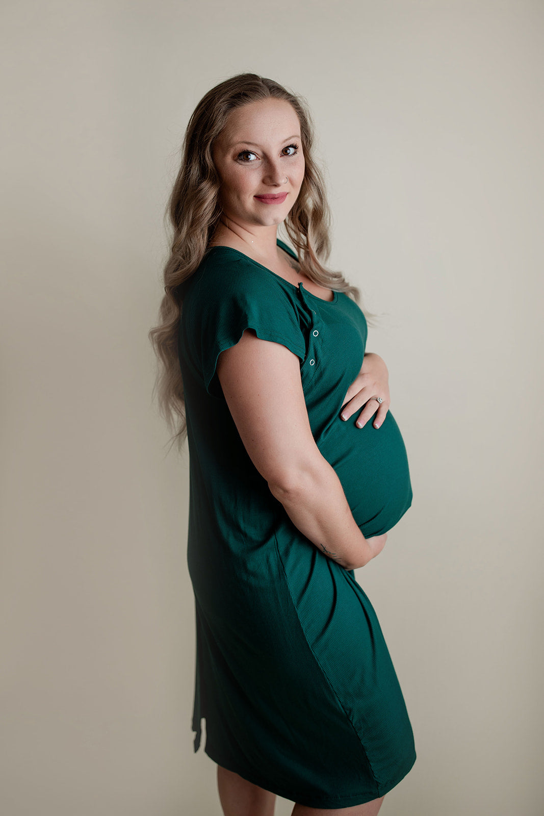 Mom in comfy Three Little Tots Labor and Delivery Gown