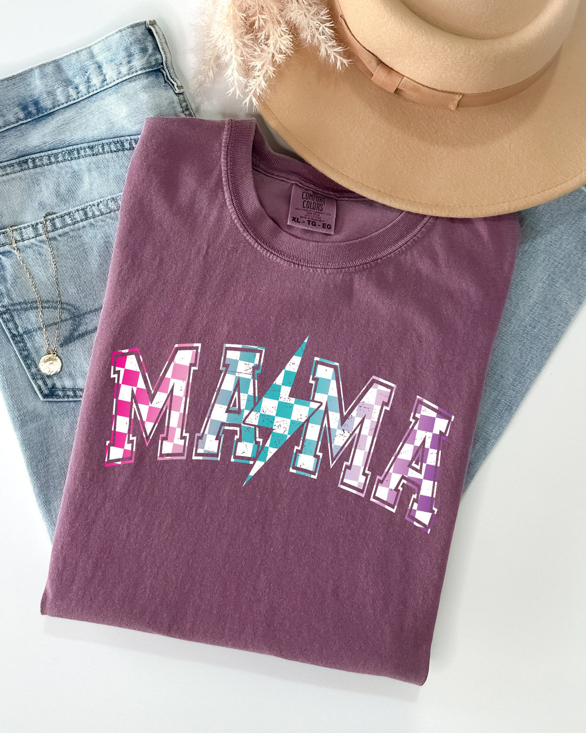 Three Little Tots Retro Mama Checkered Lightening Bolt Colorful Mother Mom Shirt Comfort Colors T-Shirt, in Berry