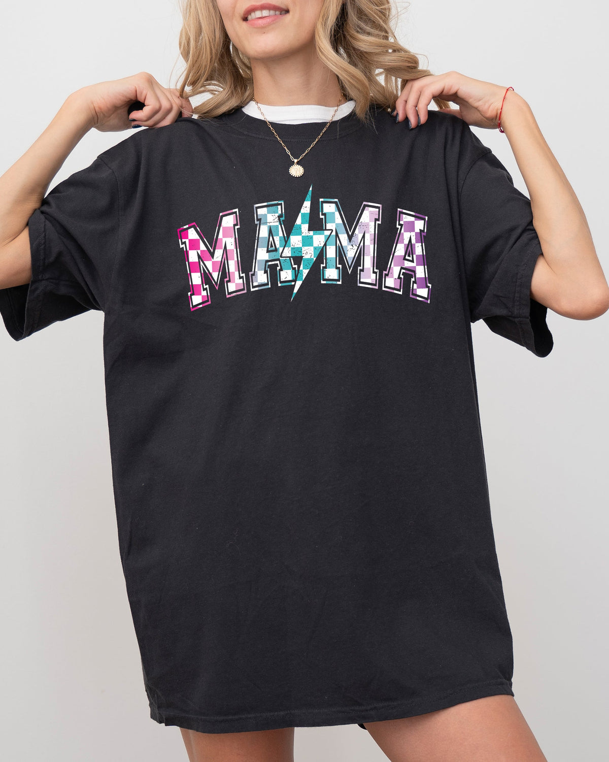Three Little Tots Retro Mama Checkered Lightening Bolt Colorful Mother Mom Shirt Comfort Colors T-Shirt, in Black