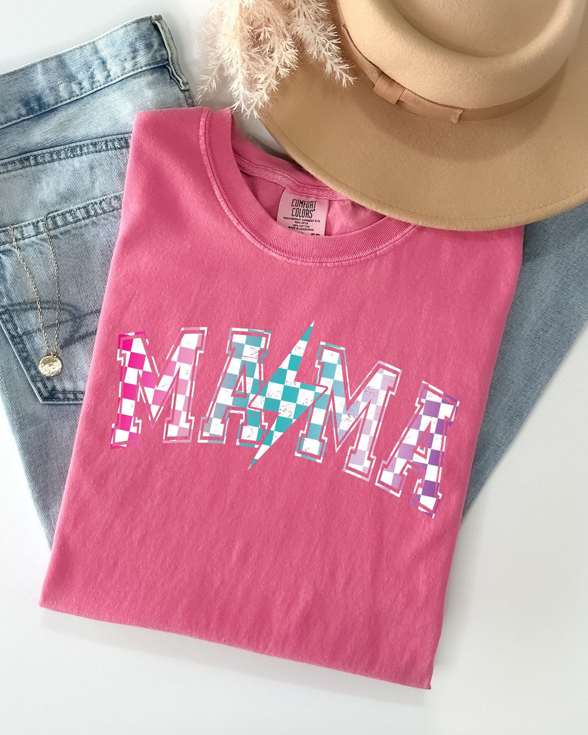 Three Little Tots Retro Mama Checkered Lightening Bolt Colorful Mother Mom Shirt Comfort Colors T-Sh, in Crunchberry Bright P