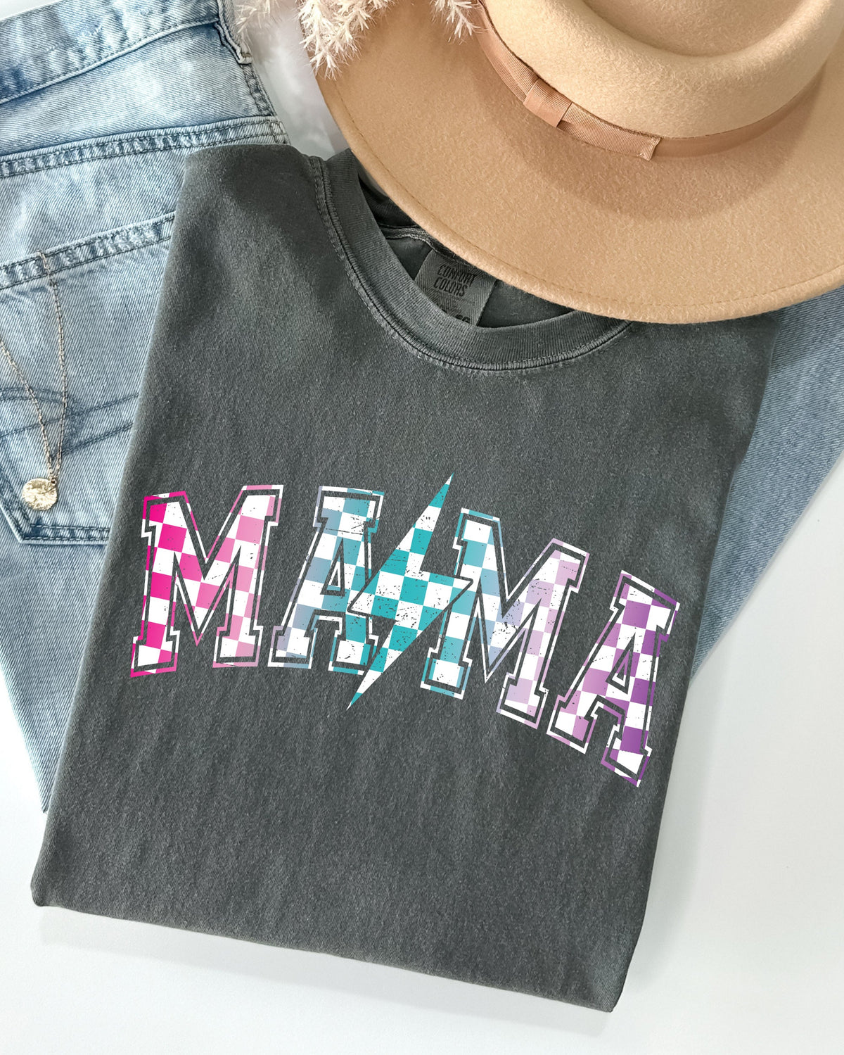 Three Little Tots Retro Mama Checkered Lightening Bolt Colorful Mother Mom Shirt Comfort Colors T-Shirt, in Pepper Dark Gray