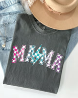 Three Little Tots Retro Mama Checkered Lightening Bolt Colorful Mother Mom Shirt Comfort Colors T-Shirt, in Pepper Dark Gray