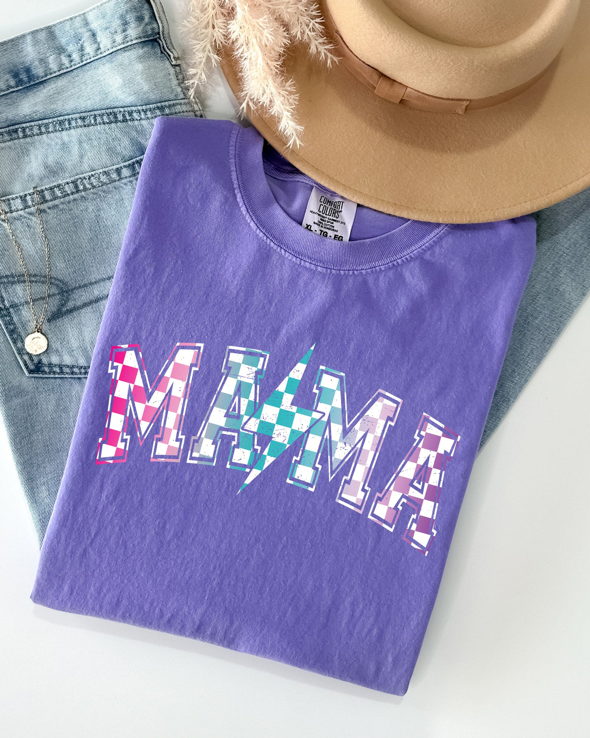 Three Little Tots Retro Mama Checkered Lightening Bolt Colorful Mother Mom Shirt Comfort Colors T-Shirt, in Violet
