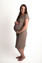 Three Little Tots Cocoa Brown Labor and delivery gown. The cutest softest Labor and delivery hospital gown. Snaps down the shoulder allow for you to pull up and down over IVs and for easy access to breastfeed