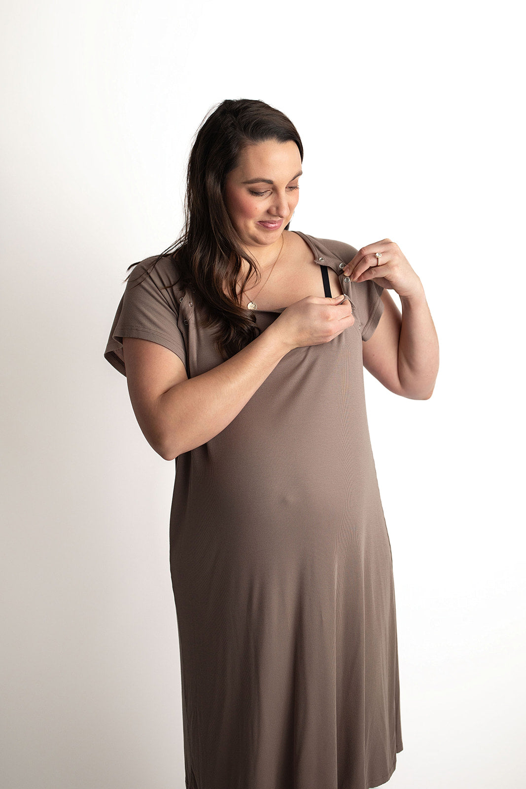 Three Little Tots Cocoa Brown Labor and delivery gown. The cutest softest Labor and delivery hospital gown. Snaps down the shoulder allow for you to pull up and down over IVs and for easy access to breastfeed