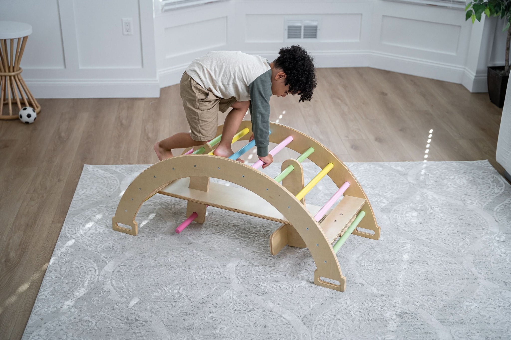 Three Little Tots Bazel 6-in-1 Pikler Climber Set Wooden Triangle Rocker Arch and Slide for Toddlers, additional view