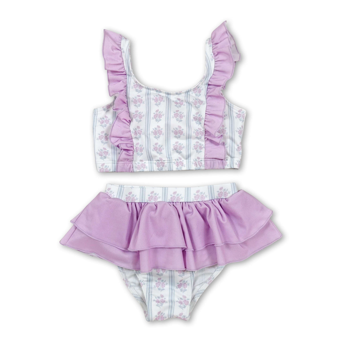 Flutter sleeves ruffle floral girls two pieces summer swimsuit