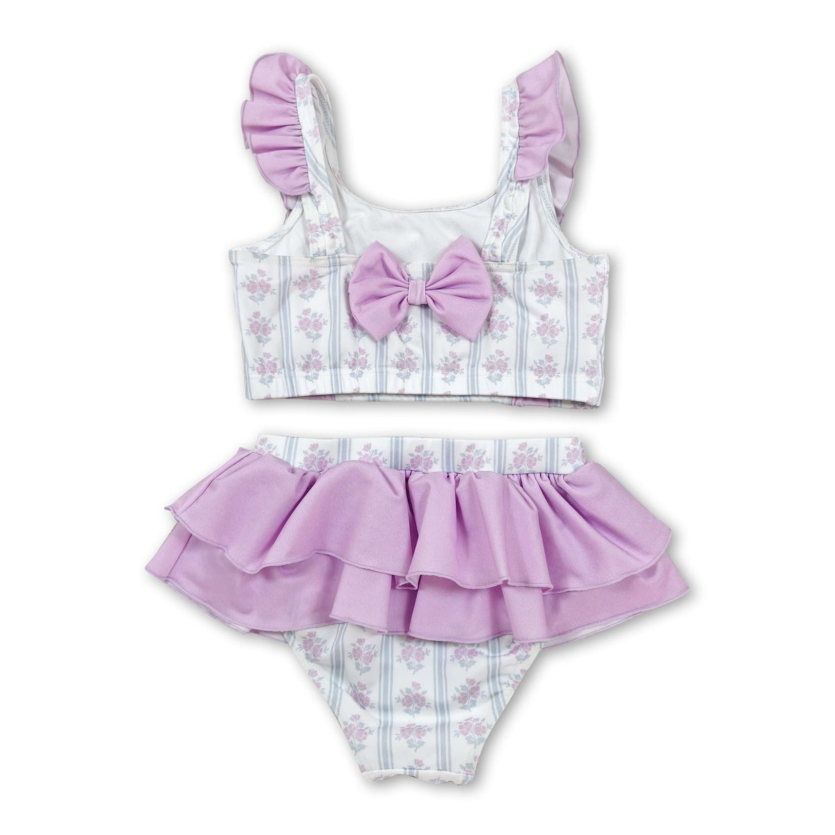 Flutter sleeves ruffle floral girls two pieces summer swimsuit