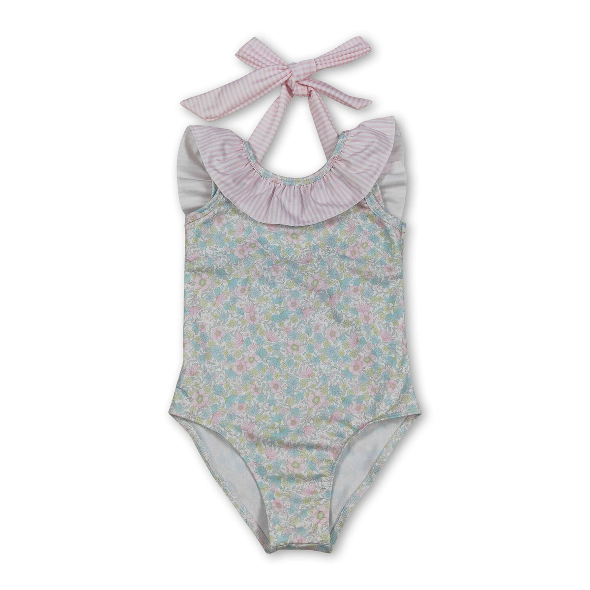 Sleeveless pink stripe ruffle floral girls one piece swimsuit