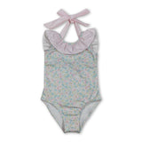 Sleeveless pink stripe ruffle floral girls one piece swimsuit