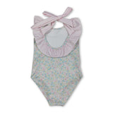 Sleeveless pink stripe ruffle floral girls one piece swimsuit