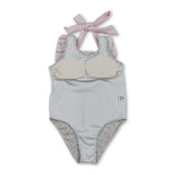 Sleeveless pink stripe ruffle floral girls one piece swimsuit