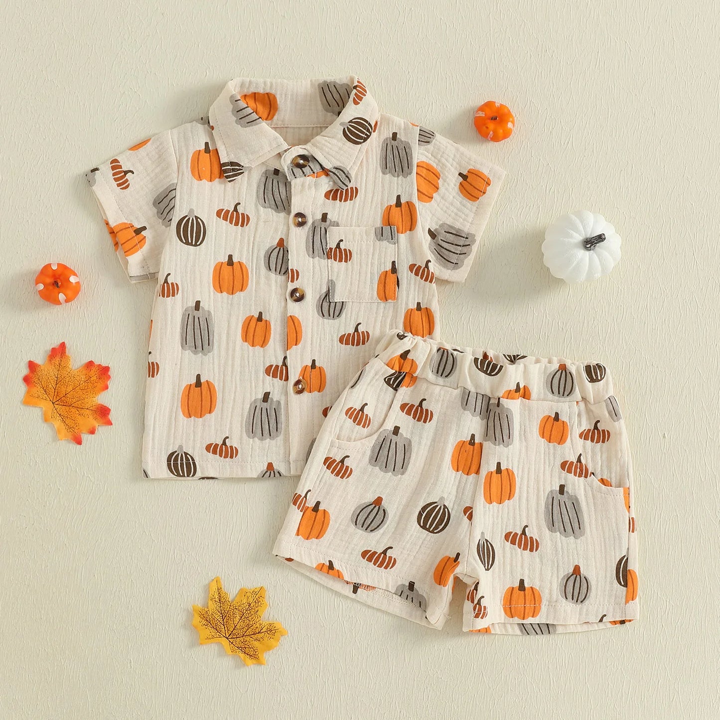 Little Man Halloween Pumpkin Button Down Top and Short Set