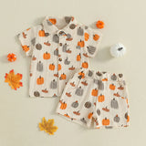 Little Man Halloween Pumpkin Button Down Top and Short Set