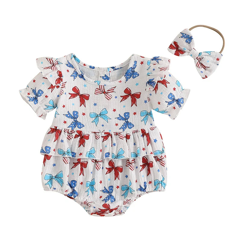 4th of July Bows or Stars And Stripes Romper and Headband Bow