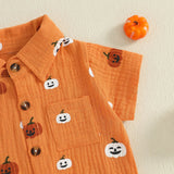 Little Man Halloween Pumpkin Button Down Top and Short Set