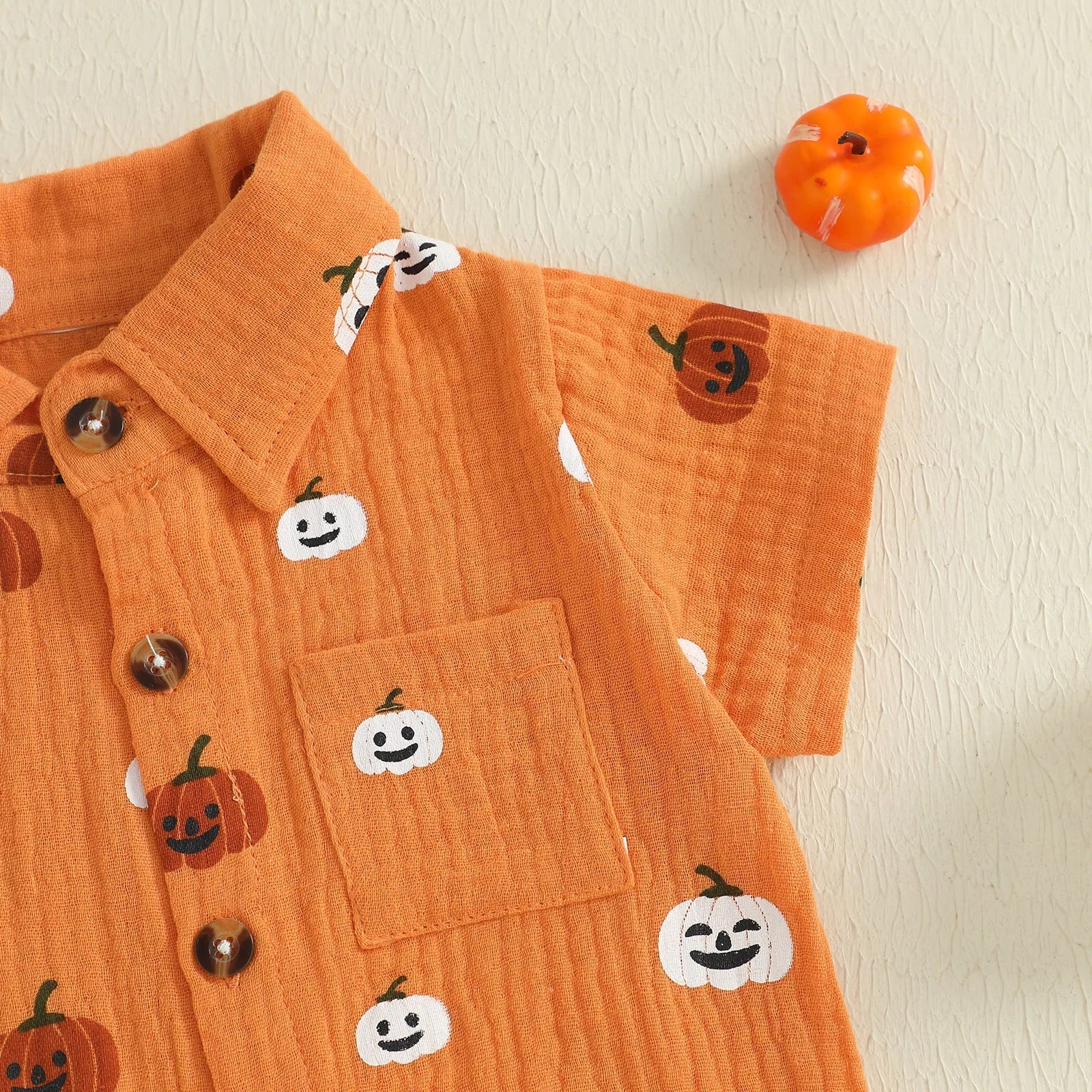 Little Man Halloween Pumpkin Button Down Top and Short Set