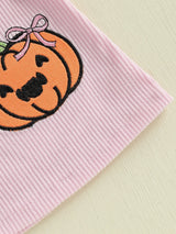 Baby Girls 3Pcs Halloween Outfit Pumpkin Print Long Sleeves Romper and Overall Tank Dress Bow Headband Set