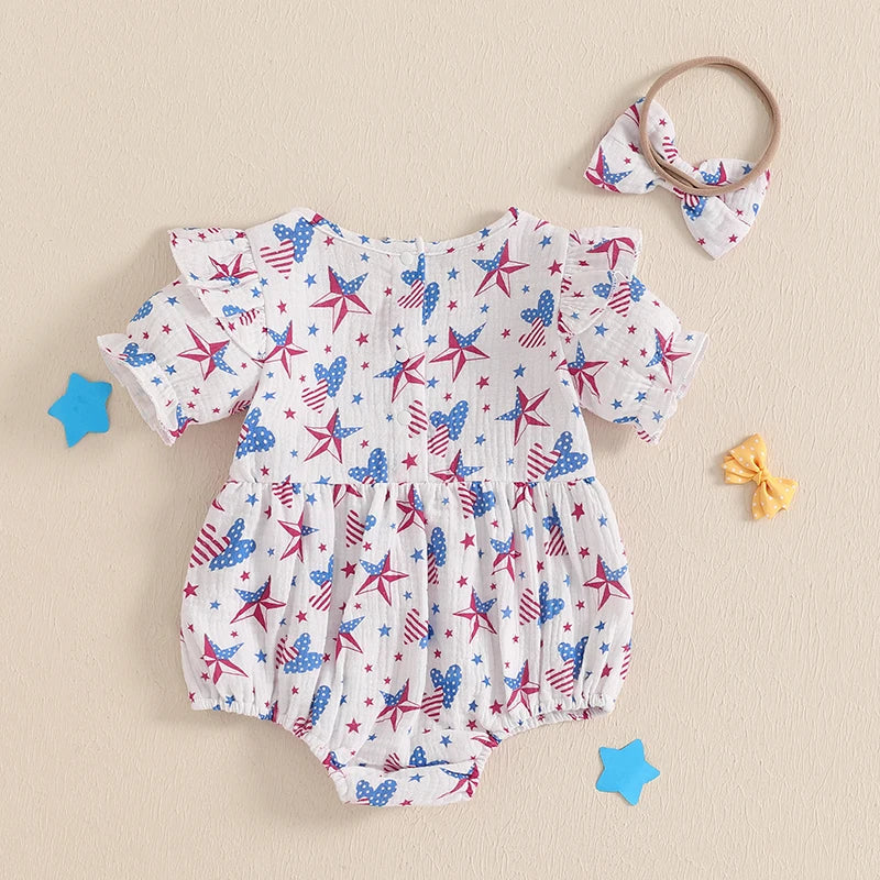 4th of July Bows or Stars And Stripes Romper and Headband Bow